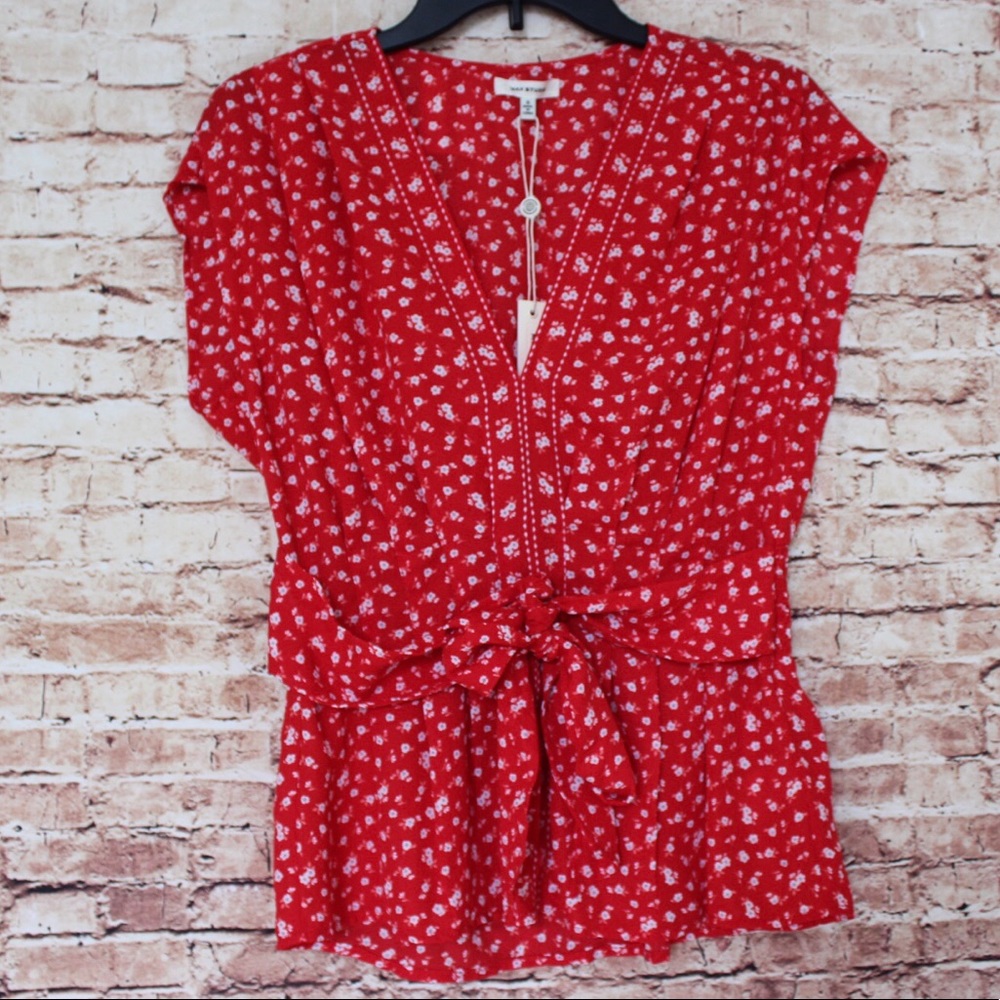 Max Studio | Mini Floral Flounce Tie Front Blouse